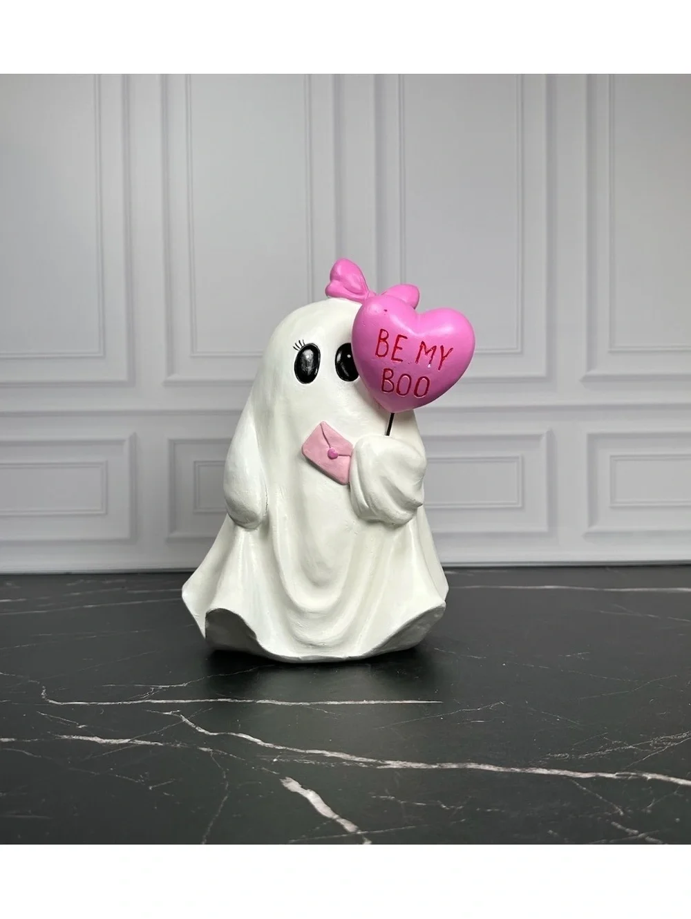 Cute Ghost Figurine Holding Pink Heart Balloon with 